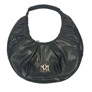 Badgley Mischka Black Vegan Leather Pleated Crescent Hobo Shoulder Bag Purse